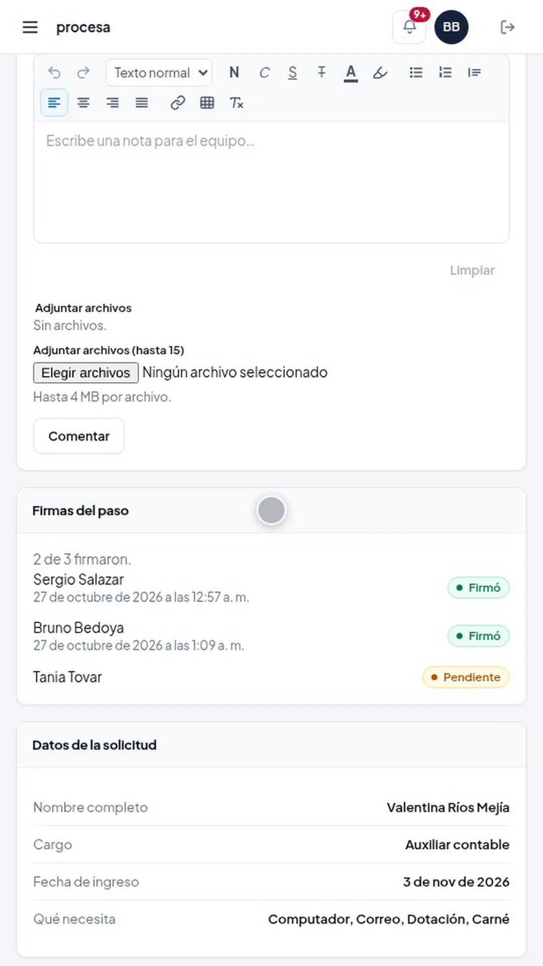 Ticket 145, ingreso de Valentina Ríos, con dos de tres firmas registradas