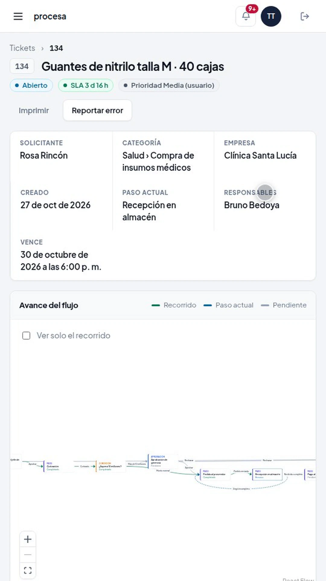 Ticket 134 de compra de guantes de nitrilo en el celular, con paso actual, responsable y fecha de vencimiento